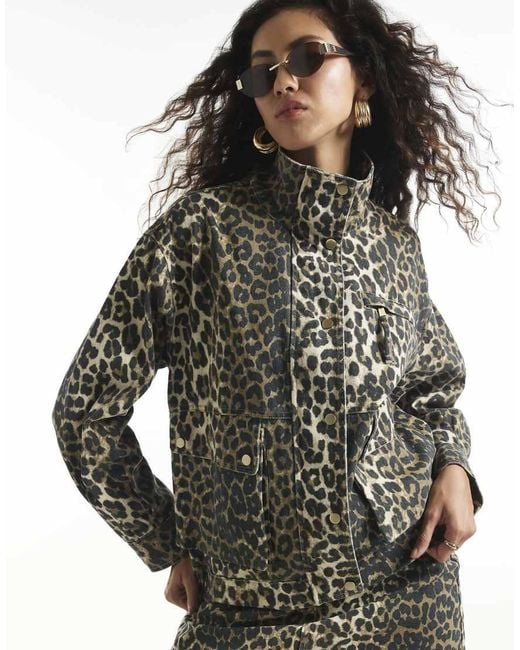 River Island Gray Leopard Denim Funnel Neck Jacket