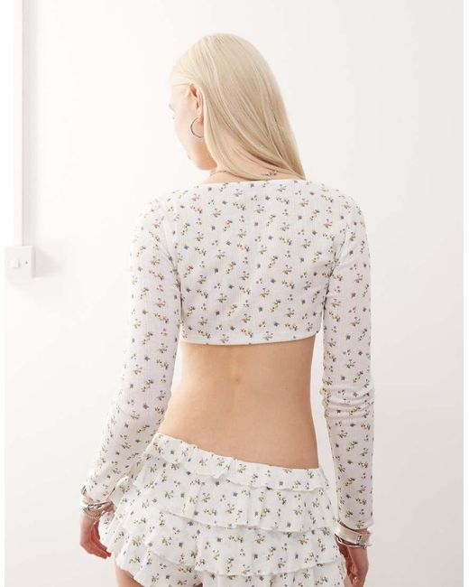 Collusion White Floral Pointelle Micro Crop Top