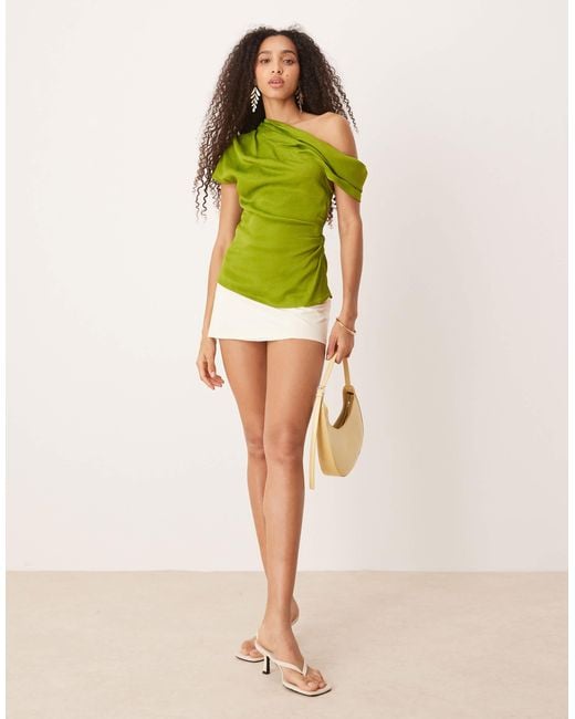 Mango Green Satin Off The Shoulder Blouse With Draped Neckline