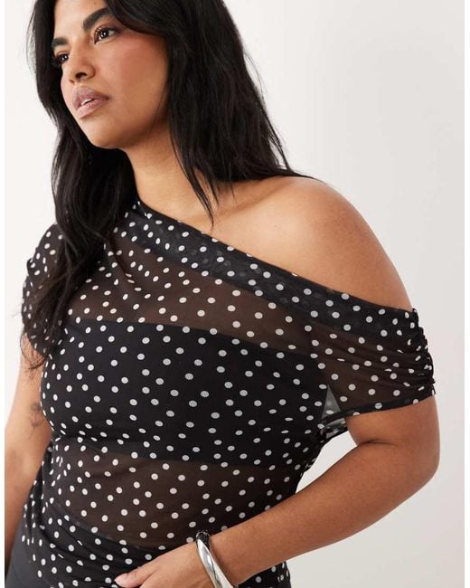 ASOS Black Asos Design Curve Sheer Mesh Ruched Off Shoulder Asymmetric Top