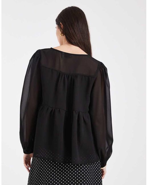 ASOS Black Sheer Yoke Chiffon Ruched Detail Blouse