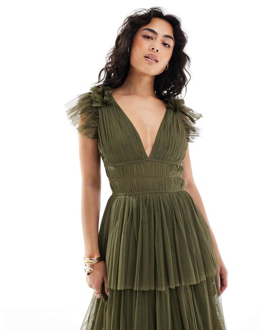 L'invitée - robe longue à volants étagés en tulle - olive foncé LACE & BEADS en coloris Green