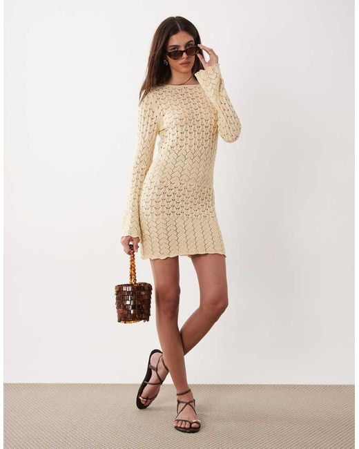 Miss Selfridge Natural Crochet Waist Detail Long Sleeve Mini Dress