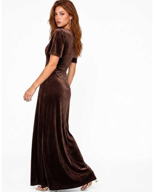 Maya Brown Faux Wrap Short Sleeve Velvet Maxi Dress
