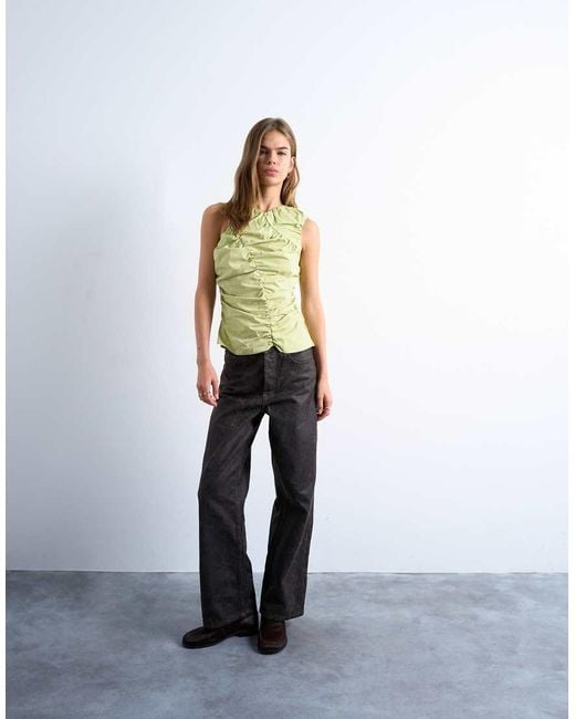 TOPSHOP Green Poplin Ruched Shell Top