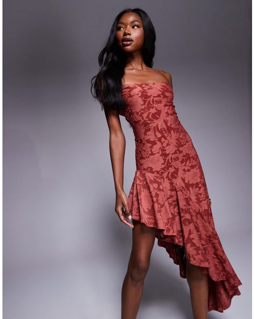 ASOS Red Super Scooped Off The Shoulder Devore Dress With Asymmetric Hem