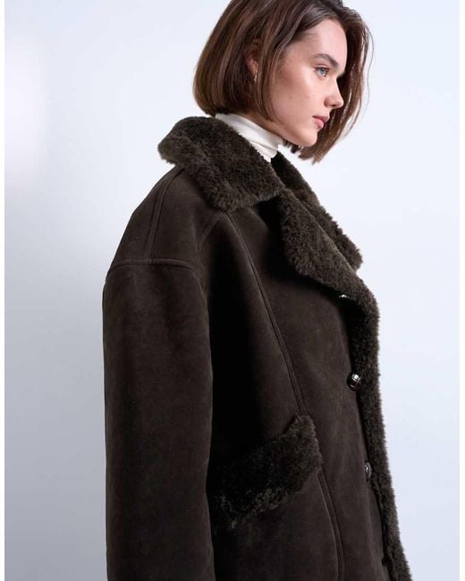 TOPSHOP Black Faux Suede Shearling Oversized Car Coat