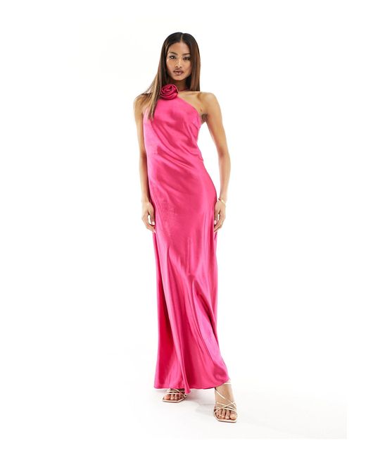 Style Cheat Pink Satin Corsage Halter Neck Maxi Dress