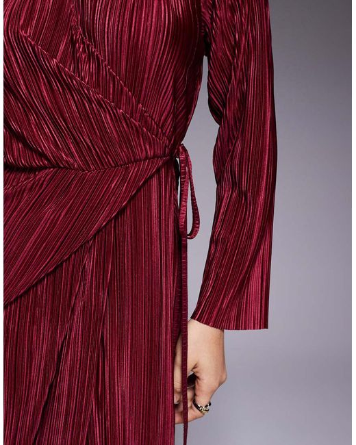 ASOS Red Plisse Long Sleeve Wrap Tie Waist Maxi Dress
