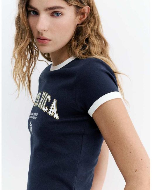 Pull&Bear Blue Ribbed T-shirt With Graphic