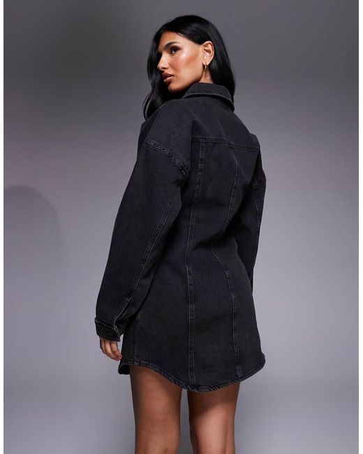 GOOD AMERICAN Blue Denim Cinched Waist Curve Hem Shirt Dress