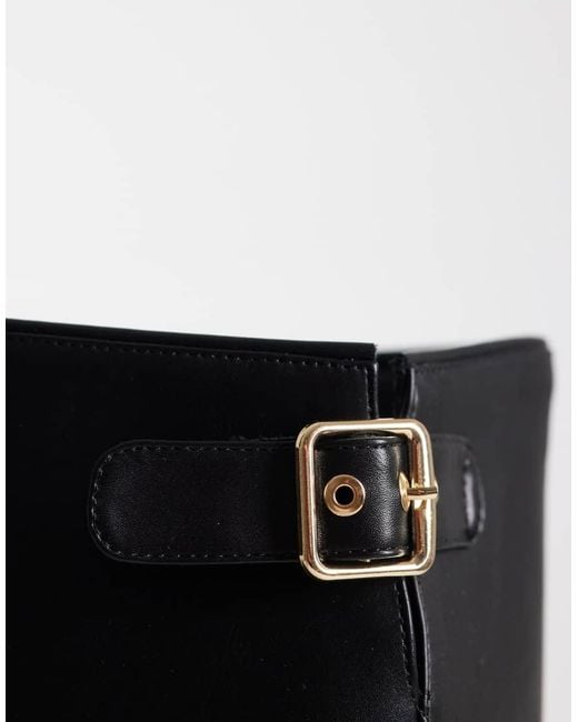 London Rebel Black Trista Chunky Knee Boots With Buckle Details