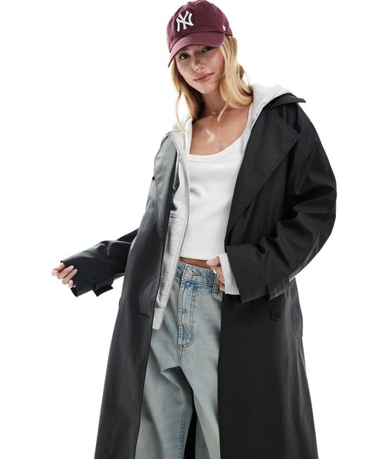 ASOS Black Rubberised Rain Hooded Trench Coat With Belt Detail