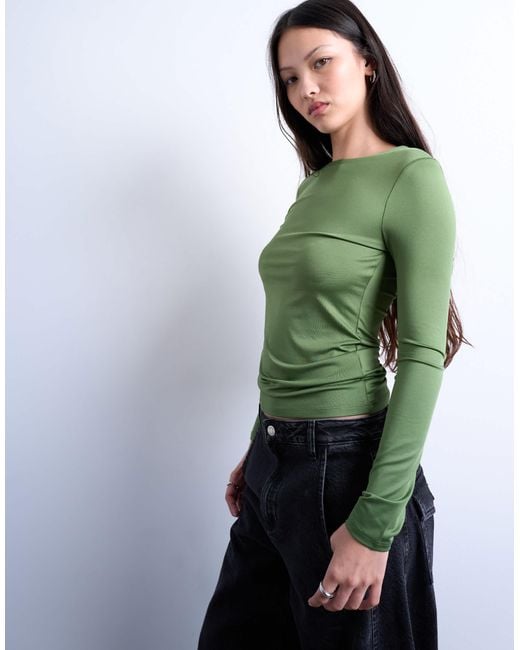 TOPSHOP Green Slinky Crew Neck Long Sleeve Top