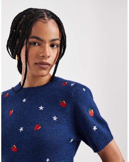 Threadbare Blue Knitted T-Shirt With Strawberry Embroidery