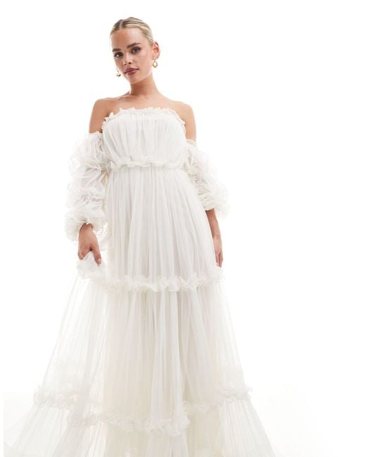 LACE & BEADS White Bubble Sleeve Ruffle Maxi Dress