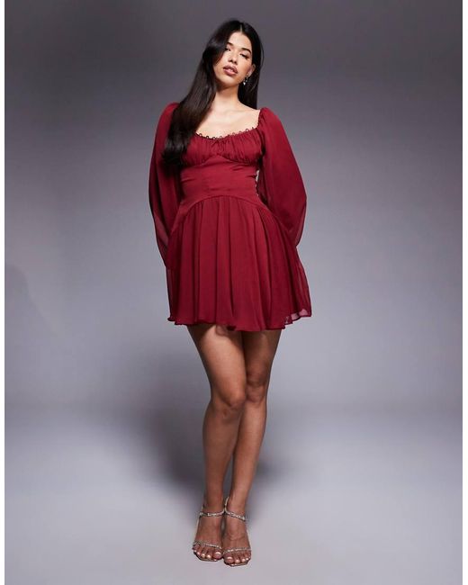 ASOS Red Puff Sleeve Chiffon Lace Up Mini Skater Dress