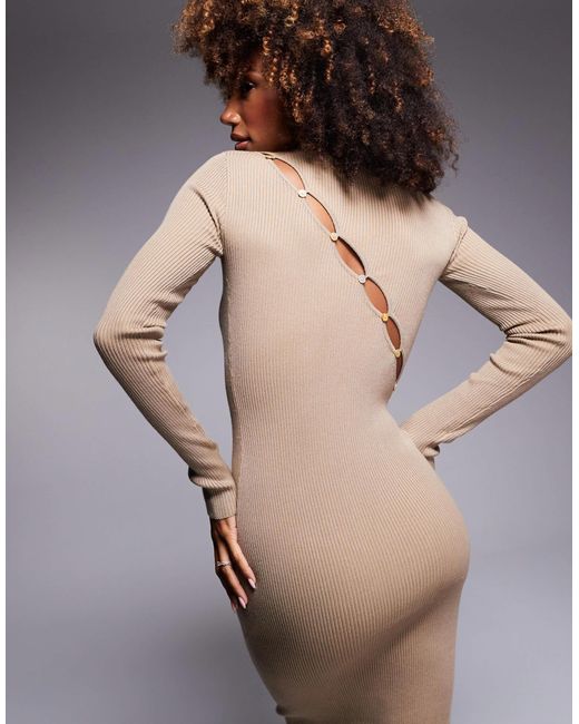 Exclusivité - - robe longue asymétrique en maille avec dos boutonné et manches longues - moka Kaiia en coloris Gray