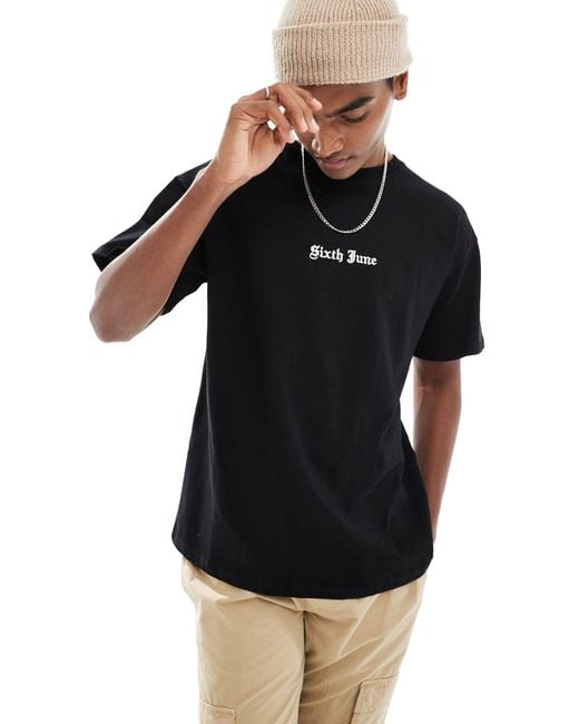 Sixth June Black Oversized Crew Embroidered T-shirt for men