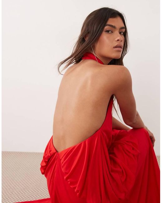 ARRANGE Red Blouson Bodice Low Back Halter Maxi Dress