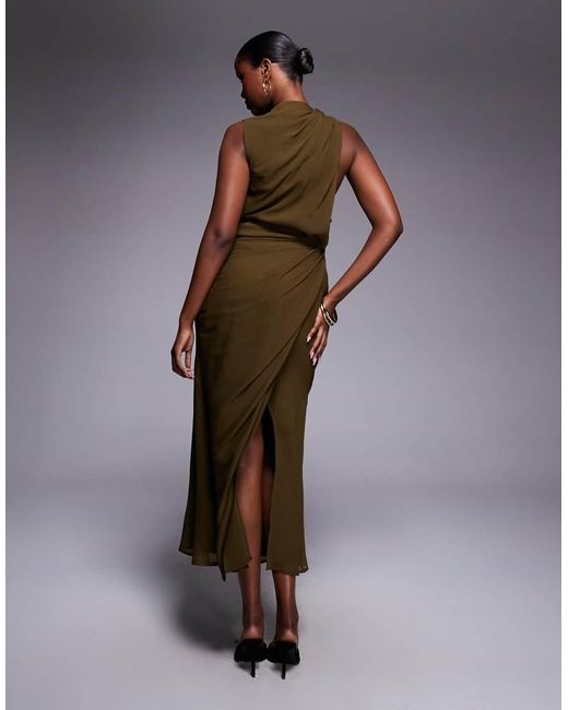 ASOS Brown Button Detail Drape Front Maxi Dress