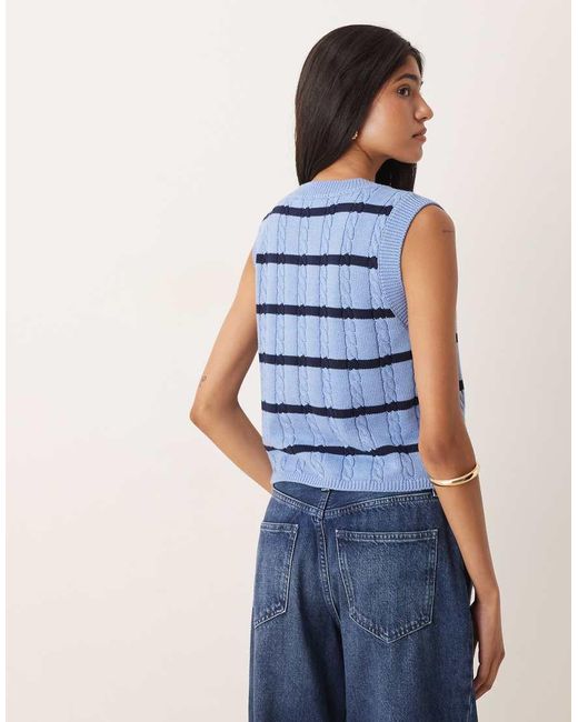 Vila Gebreid Gestreept Hemdje Met Kabels En Knopen Aan De Voorkant in het Blue