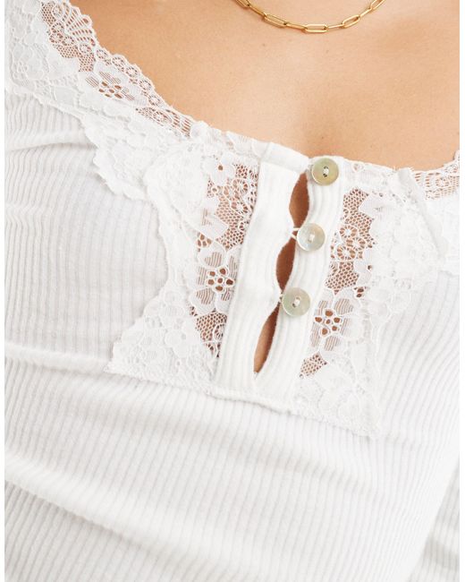 Miss Selfridge White Lace Trim Detail Rib Long Sleeve Top