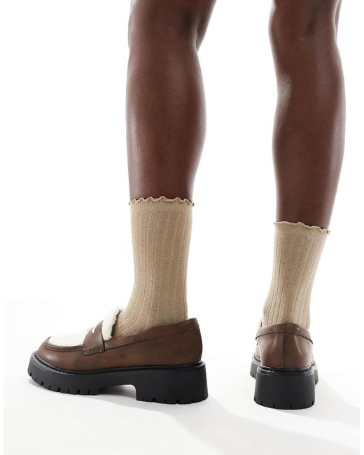 London Rebel Brown Olivia Contrast Teddy Fur Chunky Loafers