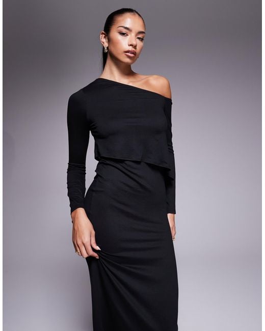 ASOS Long Sleeve Fallen Shoulder Layered Midi Dress in Blue | Lyst