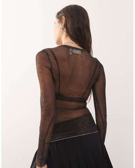 Weekday Brown Mesh Long Sleeve Top With With Faded Effect Print