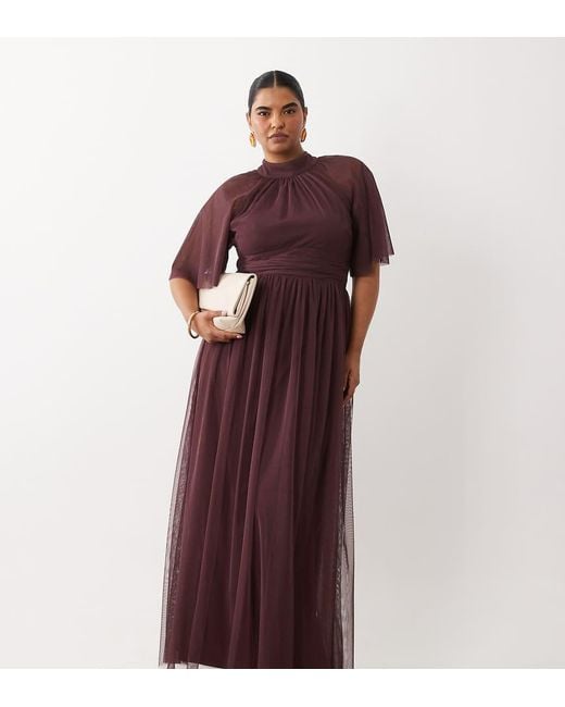 Lace & Beads Plus Red Tulle High Neck Flutter Sleeve Maxi Dress