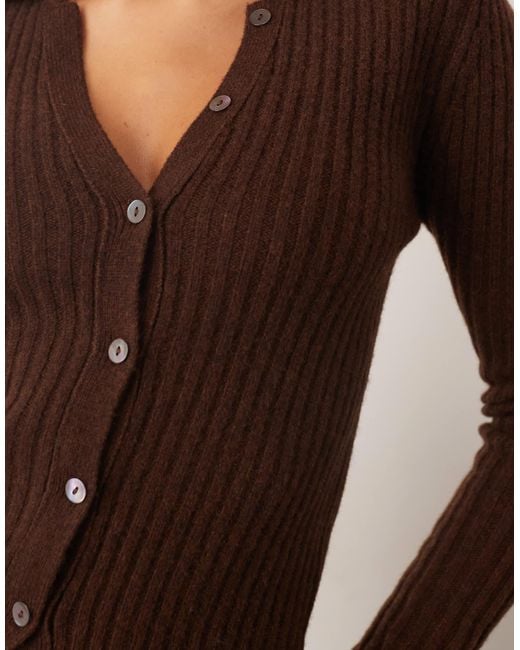 ARRANGE Brown Pure Merino Rib Knit Collared Button Through Top