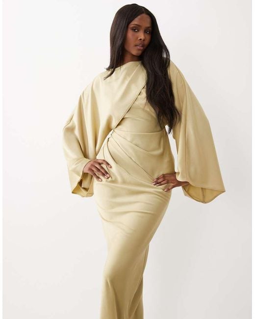 ASOS Natural Draped Long Sleeve Cross Front High Neck Satin Maxi Dress
