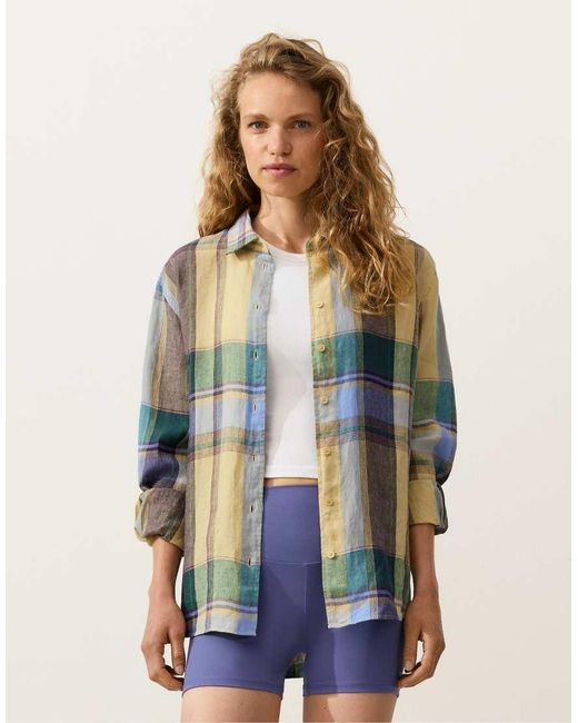 Oysho Blue 100% Linen Regular Check Shirt