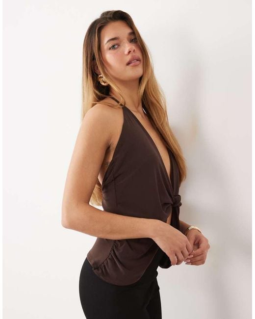 ASOS Black Knotted Plunge Draped Top With Skinny Straps