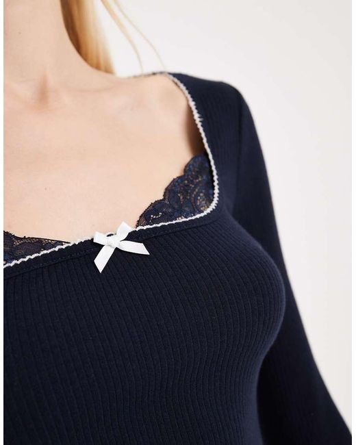Miss Selfridge Blue Long Sleeve Rib Knit Top With Lace Detailing