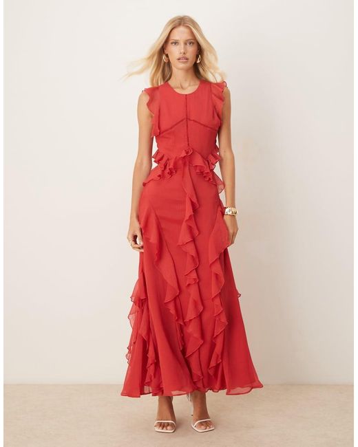 ASOS Red High Neck Ruffle Maxi Dress With Lace Inserts