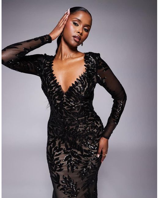 Goddiva Blue Long Sleeve Sequin Leaf Long Sleeve Maxi Dress