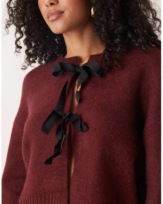 Brave Soul Red Cropped Cardigan With Black Ribbon Ties