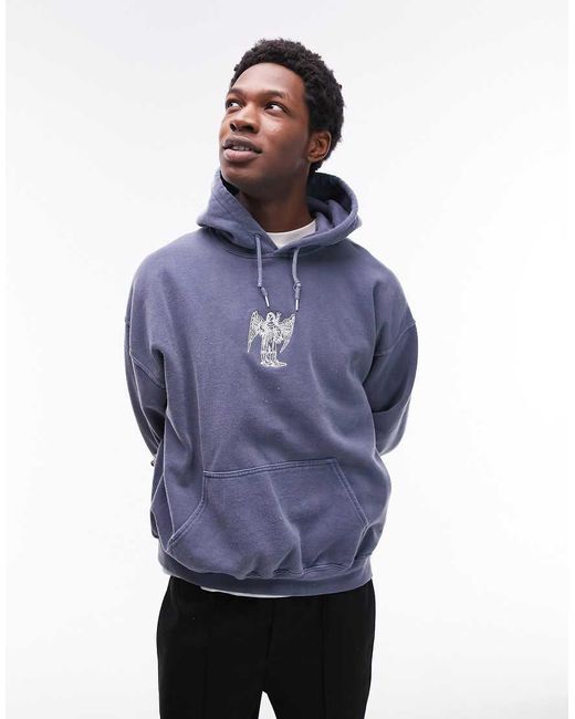 Sudadera Lavado Extragrande Con Capucha Y Bordado De Ángel De Topman de hombre de color Blue