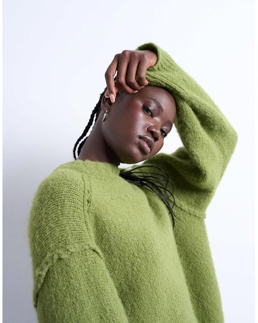 TOPSHOP Green Knitted Wool Blend Fluffy Exposed Seam Easy Jumper