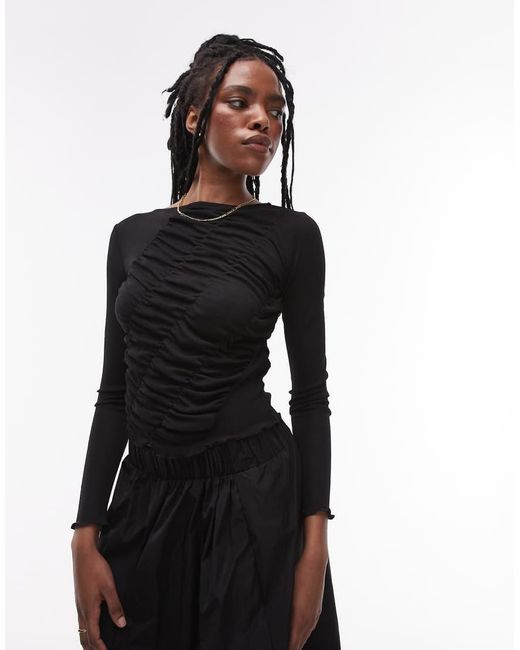 TOPSHOP Black Long Sleeve Shirred Top