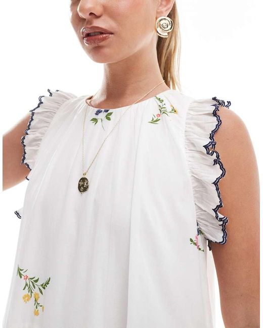 French Connection Mini Jurk Met Stroken En Borduursels in het White