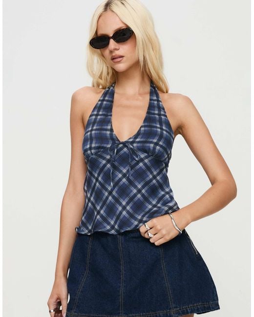 Princess Polly Blue Amalthea Halterneck Tie Front Detail Top