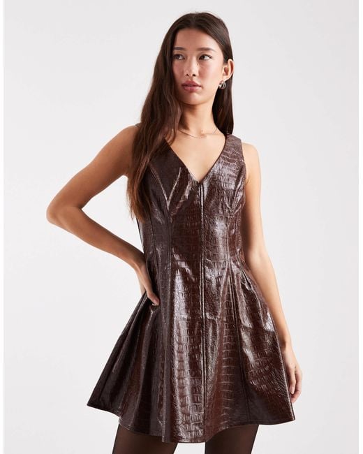 Miss Selfridge Brown Faux Leather Croc Mini Dress