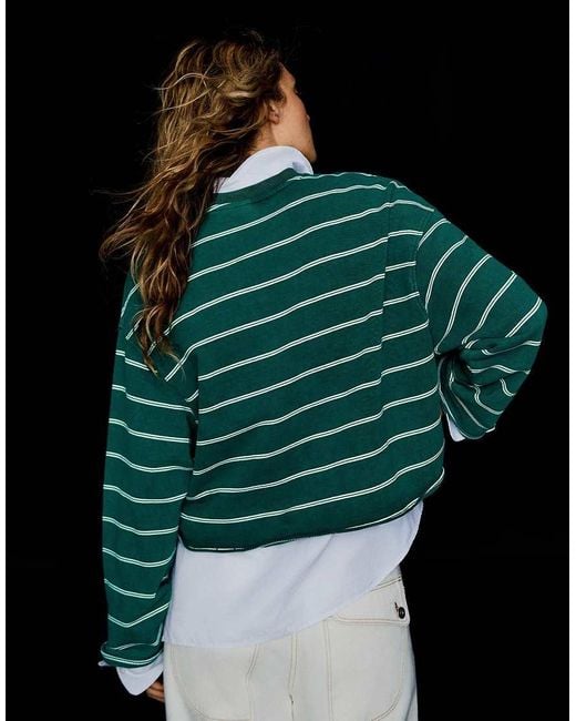 Bershka Green Striped Round Neck Sweatshirt