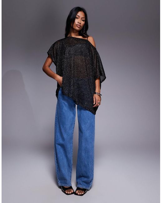 ASOS Blue Sheer Metallic Oversized Slouchy Off Shoulder Cape Top
