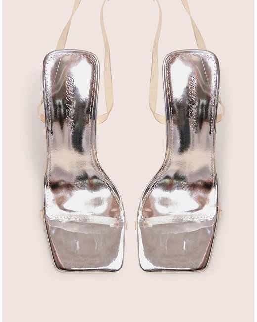 Public Desire Blue Rya Mirror Square Toe Strappy Barely There Stiletto High Heels
