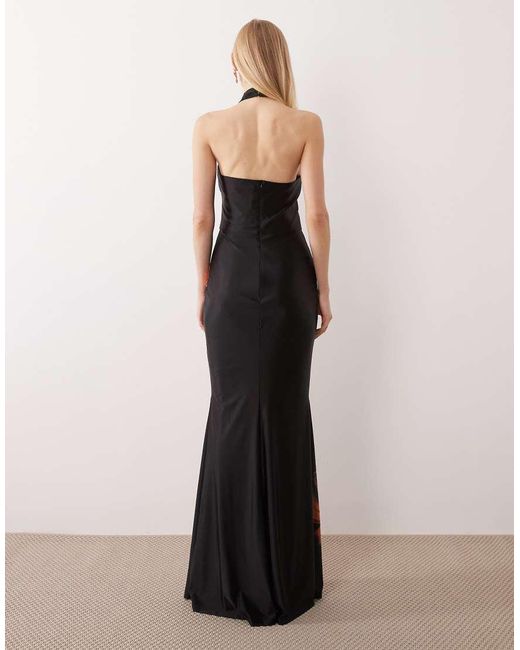 JW PEI Black Racer Halter Neck Satin Mermaid Hem Maxi Dress