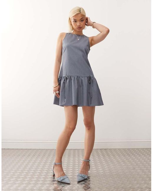 Noisy May Blue Sleeveless Drop Hem Mini Dress With Bow Details
